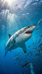 Obraz premium Great white shark swims with school of fish ocean