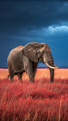 Fototapeta premium Elephant standing in red grass under stormy sky savanna