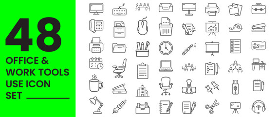 Office Work Tools Icons set use, Laptop Computer, Desktop Monitor, Office Chair, Desk Lamp, Clipboard Document, Calendar Schedul