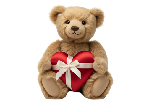 A teddy bear holding a red heart with a white ribbon on a black background - Powered by Adobe
