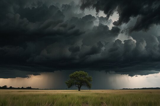 Open flat field with tall grass and a single tree, dramatic storm clouds rolling in, intense sky, cinematic atmosphere