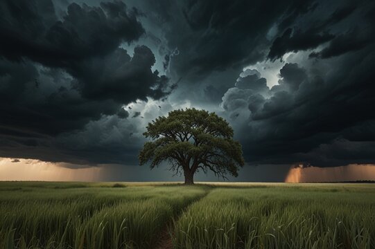 Open flat field with tall grass and a single tree, dramatic storm clouds rolling in, intense sky, cinematic atmosphere
