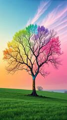 Obraz premium Vibrant rainbow tree in green field grass