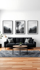 Modern living room with black sofa coffee table and three framed landscape art pieces