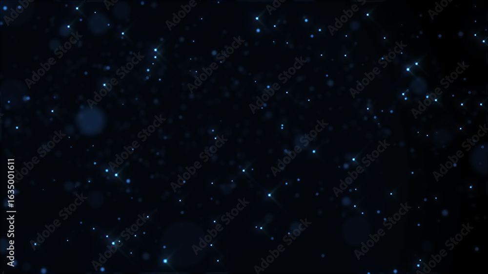 Poster animation of abstract flickering particles in motion on a black background. blue shining particles f