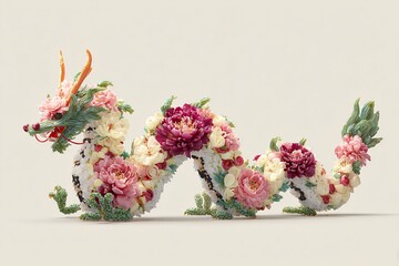 Dragon with delicious appetizing sushi, rolls. Exotic food. Image for designers, marketers and IT. Popular illustration, object. Sphere of trade, economy, sales.