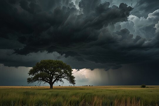 Open flat field with tall grass and a single tree, dramatic storm clouds rolling in, intense sky, cinematic atmosphere