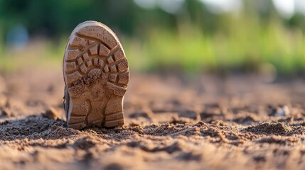 Walking boot on ground outdoors adventure and exploration concept