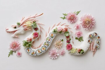 Dragon with delicious appetizing sushi, rolls. Exotic food. Image for designers, marketers and IT. Popular illustration, object. Sphere of trade, economy, sales.