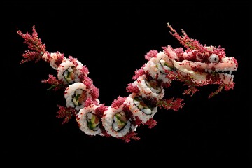 Dragon with delicious appetizing sushi, rolls. Exotic food. Image for designers, marketers and IT. Popular illustration, object. Sphere of trade, economy, sales.
