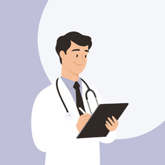 Fototapeta premium Friendly Doctor Taking Notes on a Clipboard in a Healthcare Setting Medical Professional Providing Care and Expertise