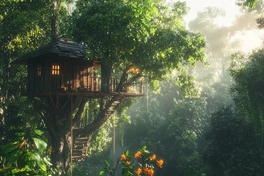 Secluded wooden treehouse hidden in lush green jungle