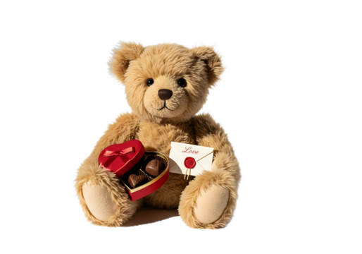 Teddy bear holding a heart shaped box of chocolates and a love letter card