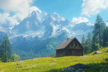 Wooden cabin in remote alpine meadow surrounded by mountains