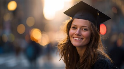 Smiling graduate in cap on city street
