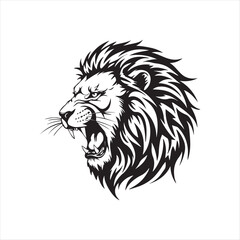 Roaring Lion Head in Black and White Bold Design Majestic Feline Strength Power and Intensity Animalistic Expression Artistic Interpretation