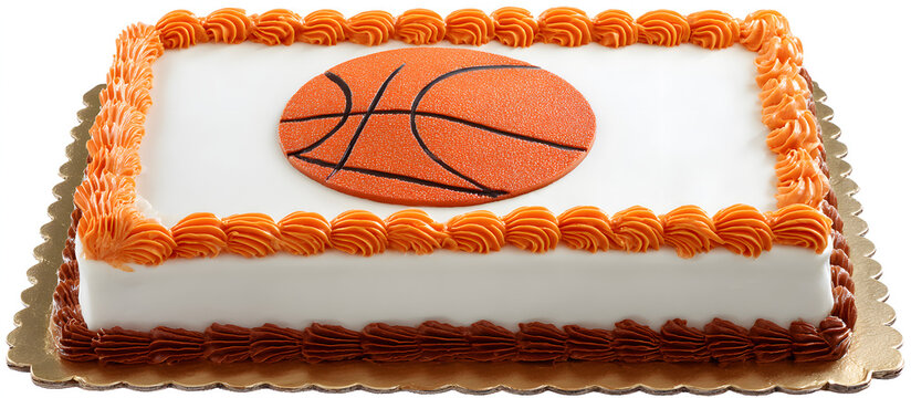 White iced rectangular basketball-themed sheet cake featuring a central orange basketball decoration with burnt orange borders on a white background.