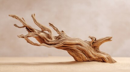 Unique driftwood piece showcases natural textures and curves. The light enhances the wood's organic patterns, creating a striking decorative object ideal for home decor.