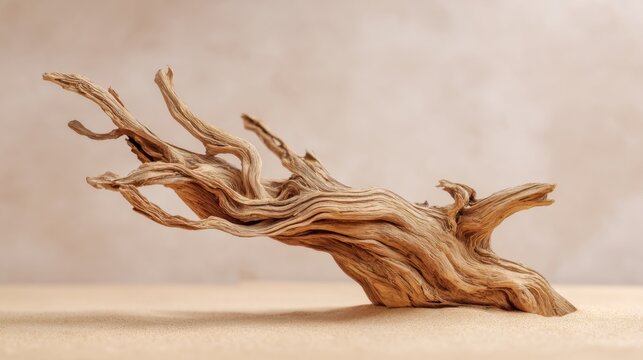 Unique driftwood piece showcases natural textures and curves. The light enhances the wood's organic patterns, creating a striking decorative object ideal for home decor.