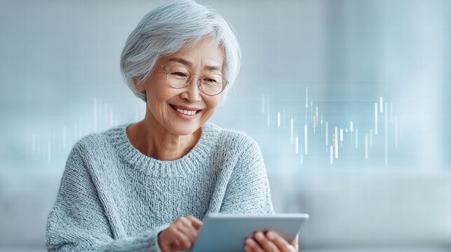An elderly Asian woman smiles while viewing investment data on a tablet. - Powered by Adobe
