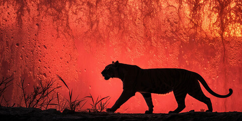 Silhouette of a black tiger on a red background.