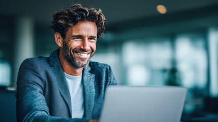 Happy businessman smiles while working on his laptop in a modern office setting.