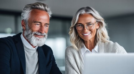 An older couple smiles while looking at a laptop screen together, working at home.