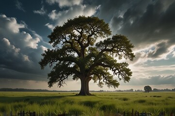 Fototapeta premium Vast green meadow with tall grass and a single ancient oak tree standing in the center, slightly windy, bright cloudy sky