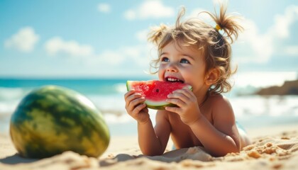 Cute girl holding a large slice of watermelon at the beach. Bright sunlight, turquoise sea, and soft-focus background create a vibrant summer mood. Space for text