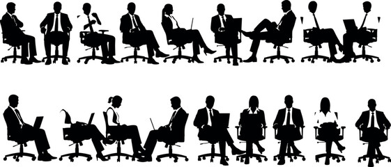 Business people silhouettes, seated in office chairs, working on laptops, holding documents, professional posture, corporate attire
