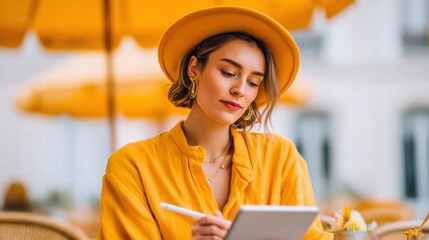 Stylish woman working on a tablet while sitting at an outdoor cafe.
