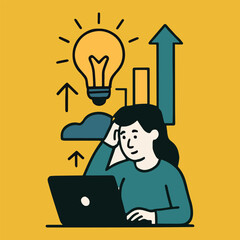 Businesswoman with Laptop Achieving Business Success with Creative Thinking and Innovation Displayed Through Financial Growth Illustration