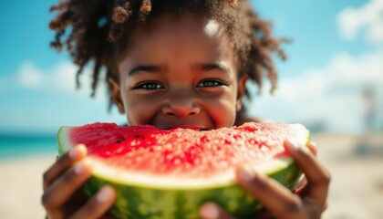Close-up of a joyful African American child holding a large slice of watermelon at the beach. Bright sunlight, turquoise sea, and soft-focus background create a vibrant summer mood.