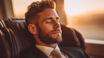 A sophisticated businessman resting peacefully in a luxurious leather chair, enjoying a moment of calm.