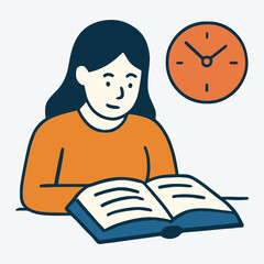 Cartoon Woman Reading Book with Clock Depicting Time Management and Schedule Awareness, Promoting Learning and Knowledge