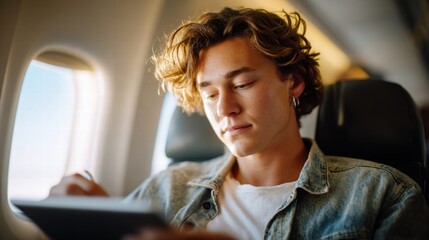 A young man enjoys his flight, writing in a notebook by the plane window.