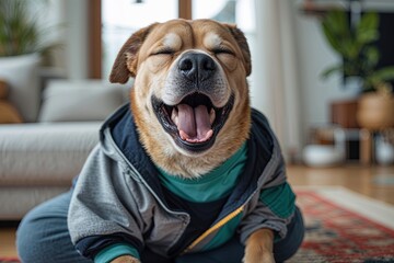Goofy Dog Yawning at Home in Casual Gear