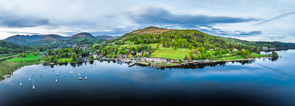 Sunset over Windermere Lake from a drone, Ambleside, Lake District, Cumbria, England