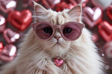 Charming Cute Persian Cat in Glittery Rose-Colored Sunglasses for Valentine's Day
