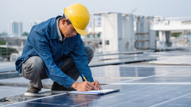 Worker in hard hat inspects solar panels on roof, taking notes on clipboard. Image represents growing renewable energy sector, technical jobs, installation and maintenance of green technology