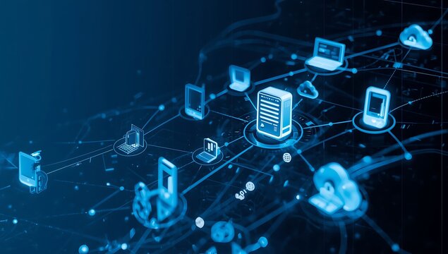 Network of connected devices in blue showing server laptop phone and cloud computing icons