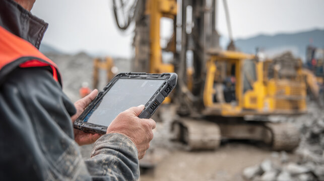 A worker in a safety vest uses rugged tablet to operate heavy machinery at a mining or construction site. Image shows use of modern technology to manage, control complex operations in heavy industry - Powered by Adobe