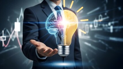 Businessperson presenting idea with brain/lightbulb, over stock chart. For finance, inspiration - Powered by Adobe