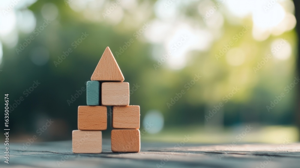Aufkleber wooden block pyramid structure on tabletop in front of blurred green nature background