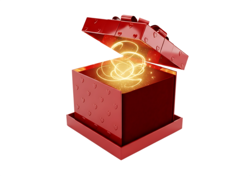 A red gift box with heart patterns emitting a golden light on a black backdrop