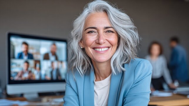 A mature businesswoman smiles during an online meeting, looking confident and professional.