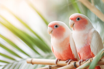 Pair of pink lovebirds perched on a bamboo branch, surrounded by soft tropical palm leaves