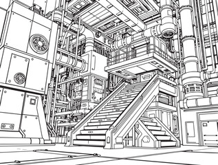 Factory, technical room, futurism, industry, equipment, mechanisms. Hand drawn vector illustration