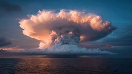 Fototapeta premium A stunning display unfolds as a colossal cloud formation develops over the ocean at sunset. Vibrant colors illuminate the sky, showcasing the forces of nature.