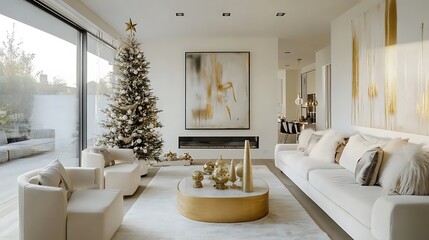 Fototapeta premium Modern living room decorated for christmas with a large tree and contemporary art